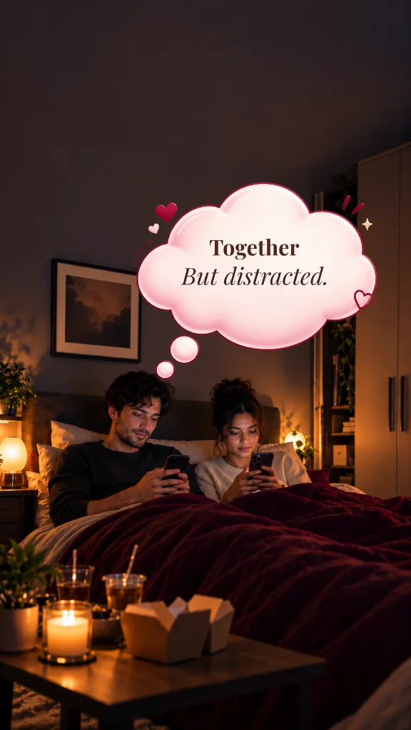 Together but distracted — couple on their phones in bed